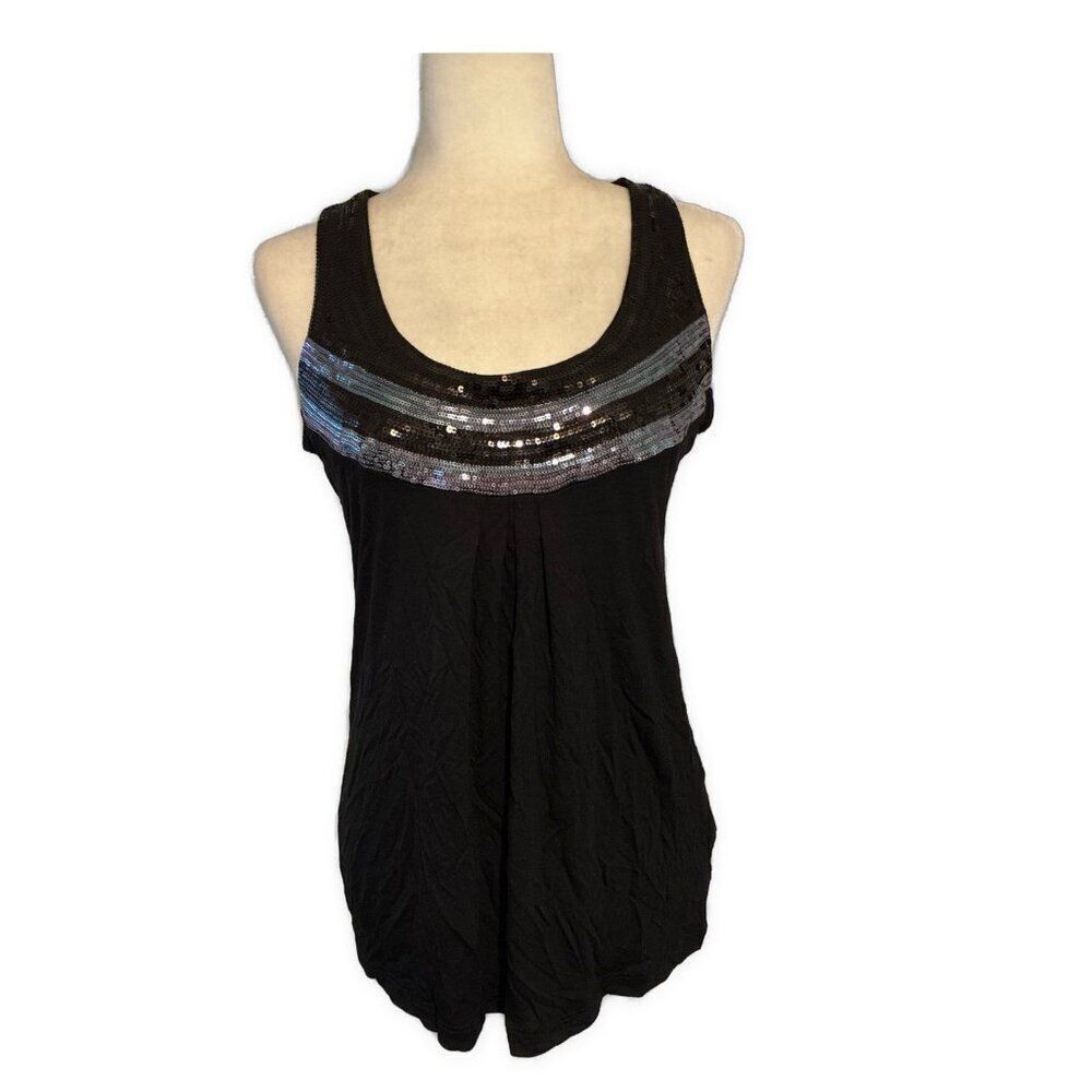 Kische Womens Black Silver Rayon Sequin Round Neck Tank Top Small